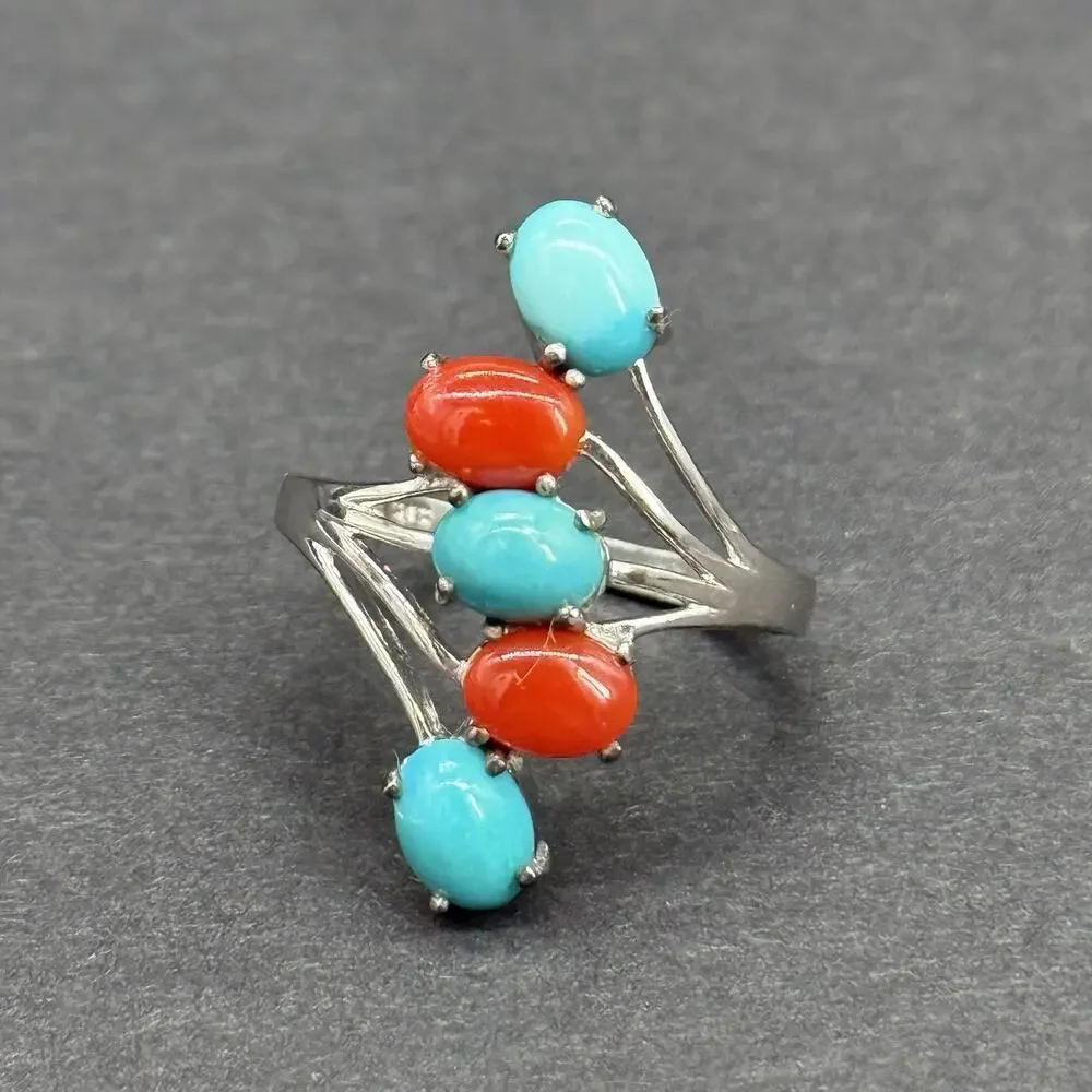 Vintage 925 Sterling Silver Turquoise & Red Coral Multi-Stone Bypass Ring Size 8